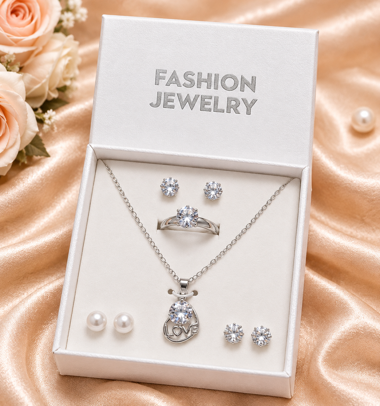 8 Pc Heart Pearl Pendant Necklace Set for Women & Girls | Silver Color Crystal Heart Locket with Pearl Chain | Matching Earrings & Ring Jewelry Set | Elegant Fashion Necklace Set | Party Wear Gift Jewelry | Bridal Engagement Birthday Gift