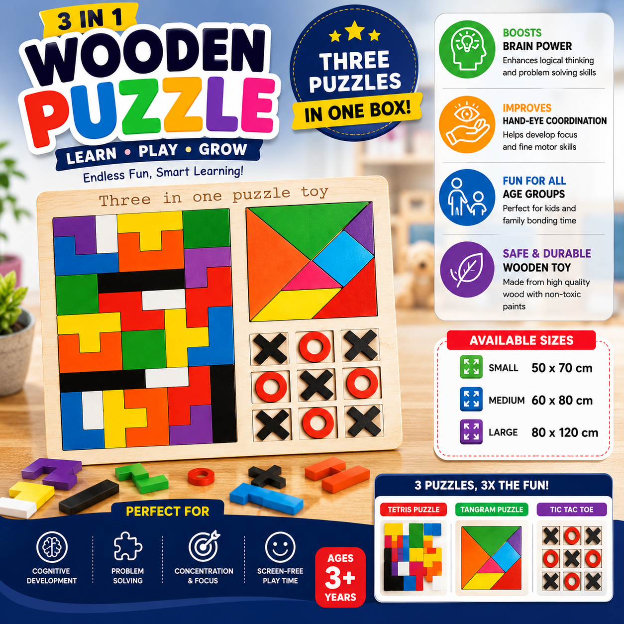 3 in 1 Wooden Puzzle for Kids – Educational Learning Toy | Wooden Intelligence Puzzle Set for Early Development & Brain Training
