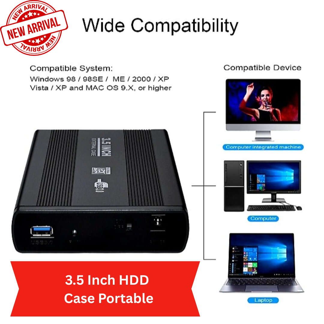 3.5 Inch HDD Case Portable SATA Hard Drive Enclosure Box – Supports 1TB, 2TB, 4TB, 8TB – USB to SATA – External Storage for PC, Laptop – High-Speed Data Transfer – OTG Compatible – Super Fast USB Connector