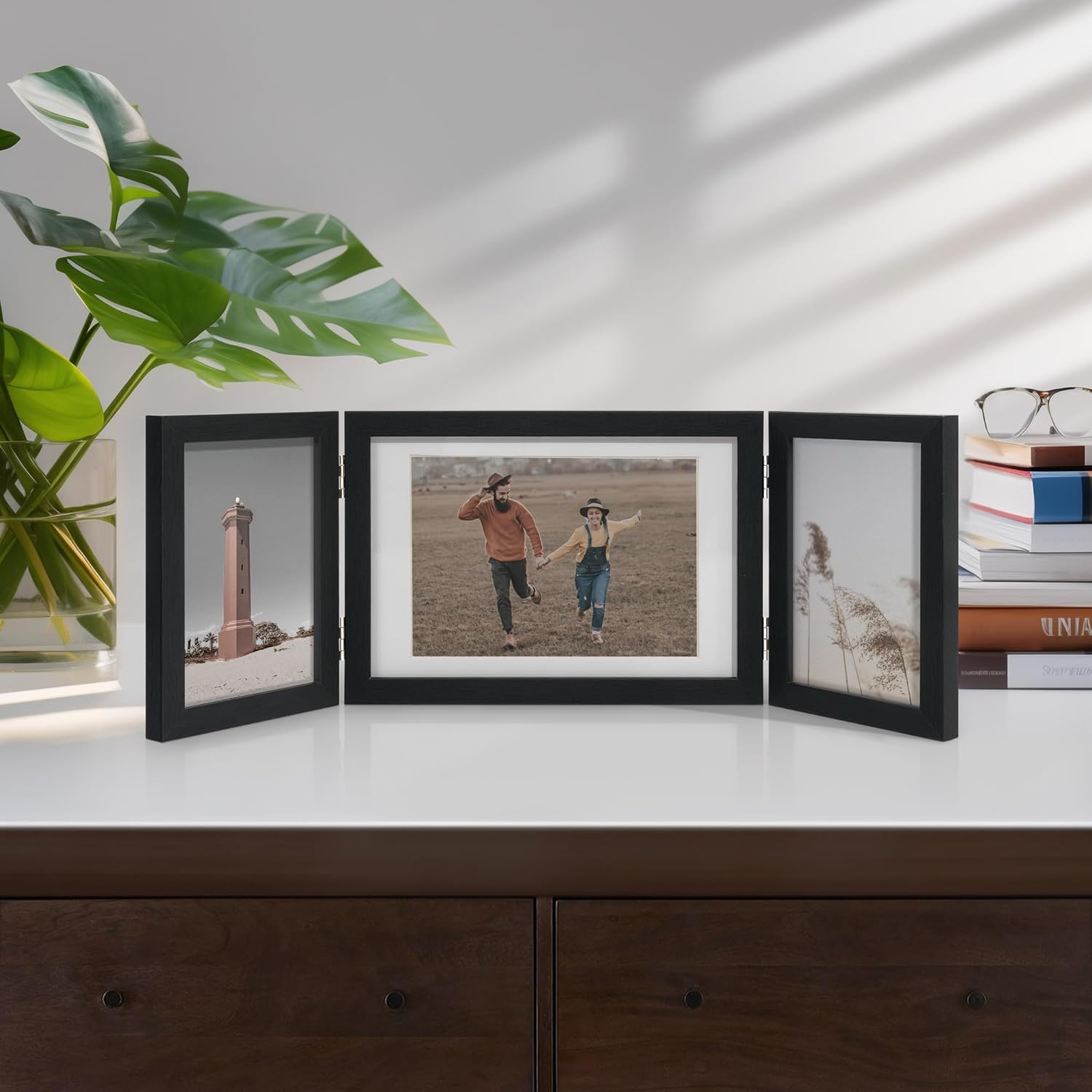 Three Opening Hinged Picture Frame for Desk, Black Grain MDF, Holds 4x6 & 5x7 Photos, Collage Wedding Gift