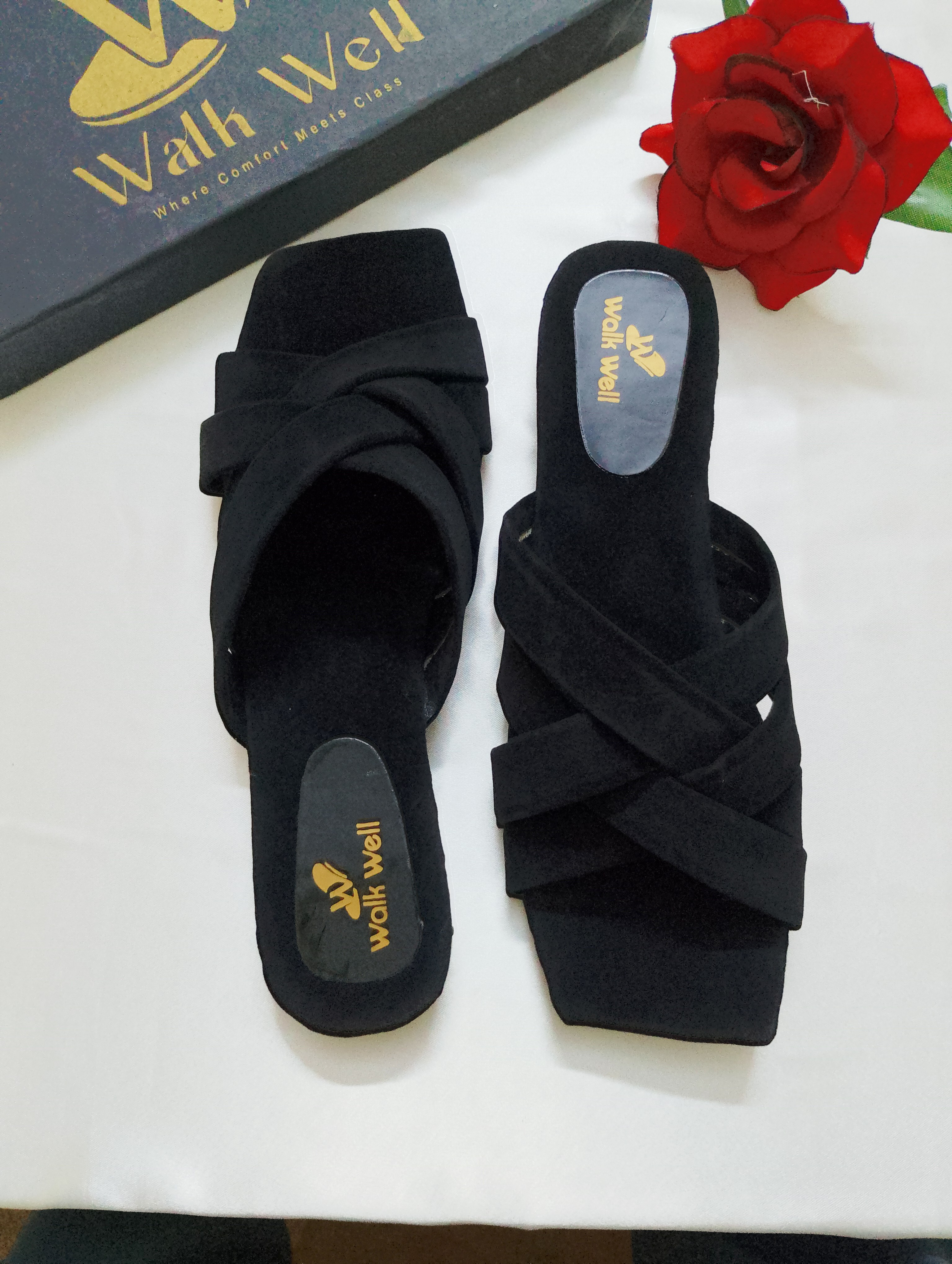 Ladies Black Velvet Slippers for Women Fancy Cross Strap Flat Sandals