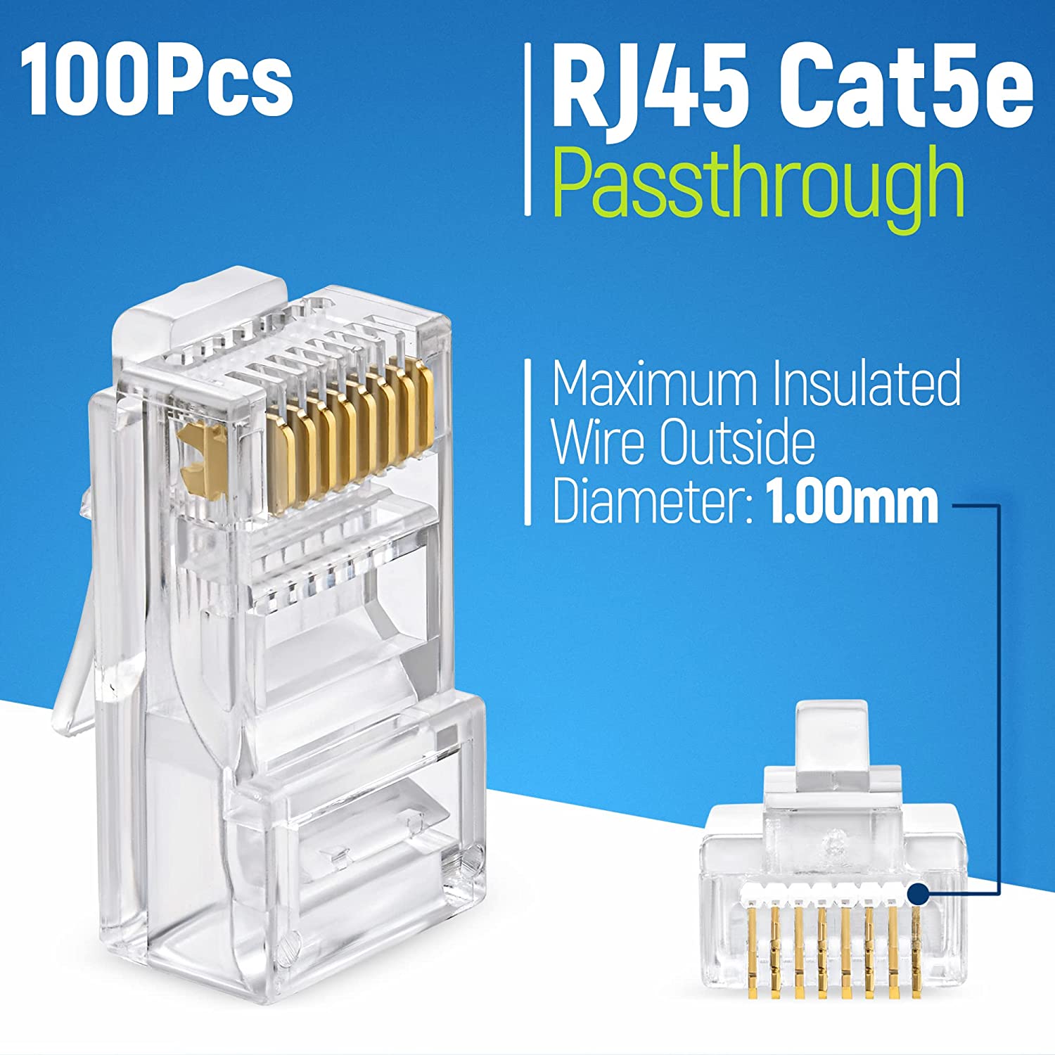 RJ45 Pass Through Connectors - Easy to Crimp Modular Plug for Solid or Stranded UTP Network Cable | Male Ethernet Connector End