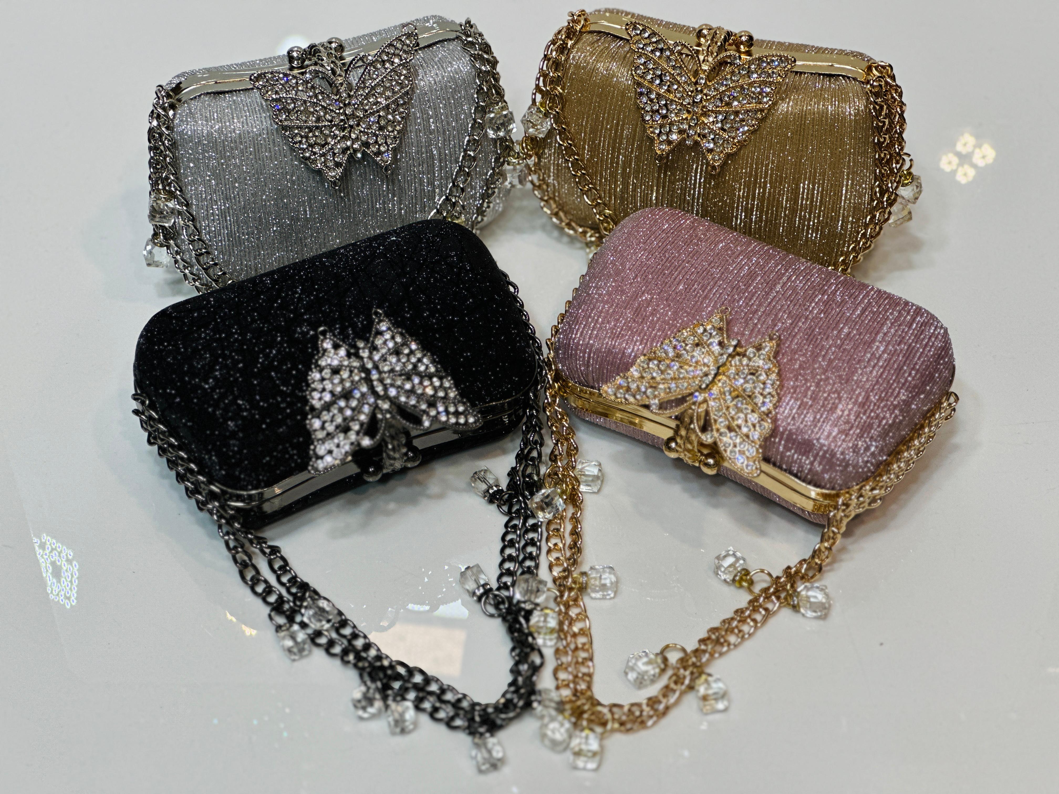 Luxury Shimmer Party Clutch Bag for Women & Girls – Crystal Butterfly Evening Box Purse with Gold Chain Strap – Elegant Wedding Handbag