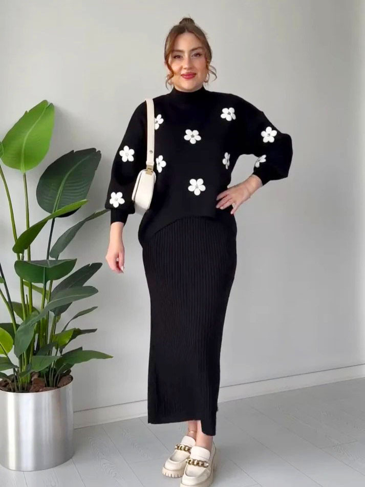 Highneck Winter Floral Top with Long Bodycon Dress for Women - Winter Clothes for Women