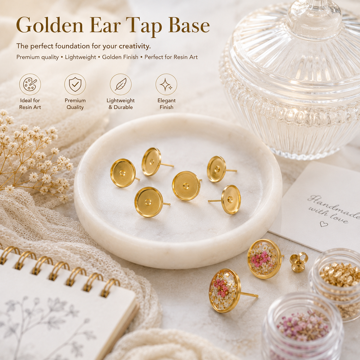 15mm Golden Earring Stud Base Tray | Resin Art Earrings Base | Stainless Steel Ear Stud Findings | DIY Jewelry Making Supplies | Round Cabochon Setting Blank | Golden Earring Post for Resin Craft