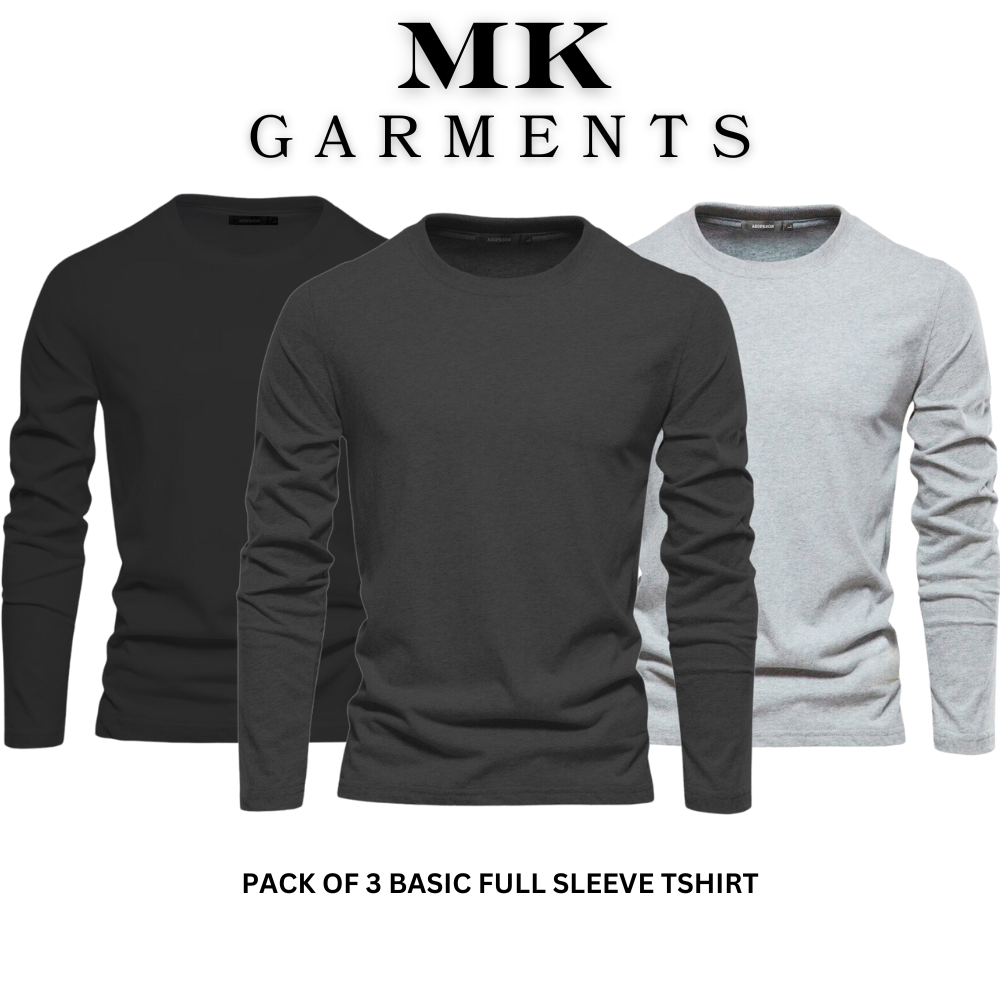 MK Garments - Pack Of 3 Plain Colors Premium Long Sleeves Casual Wear TShirt For Men