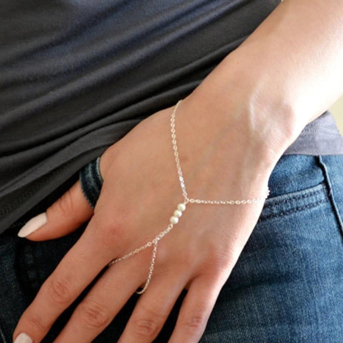 Hand Bracelet Silver  Harness Chain Jewelry Pearl Link Chain Connected Finger Ring Bracelets for Women Girls Charm Friendship Couple Gift