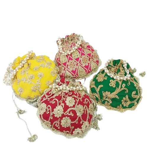 Embroidered Potli Clutch Bag with Pearl Handle for Party Wear
