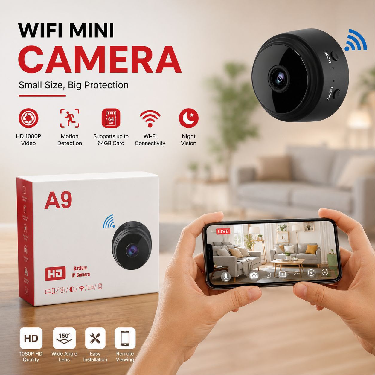 A9 Mini Rechargeable Wireless Camera 1080P HD WiFi Security Camera | Mini CCTV Camera with Magnetic Back Cover, Night Vision, Motion Monitoring & Remote Viewing | Portable Indoor Surveillance Camera for Home, Office, Car & Shop