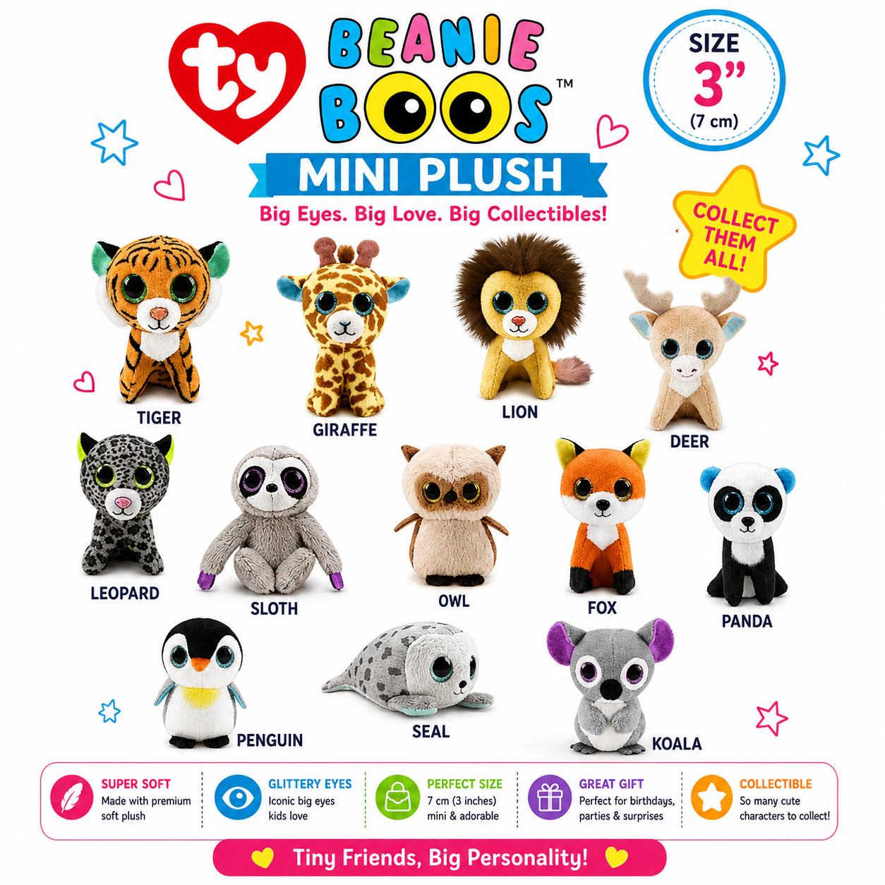 Ty Beanie Boos Mini Plush Toy 7cm | Cute Glittery Eyes Soft Stuffed Animal | Collectible Cuddly Plush for Kids Boys Girls | Gift Toy