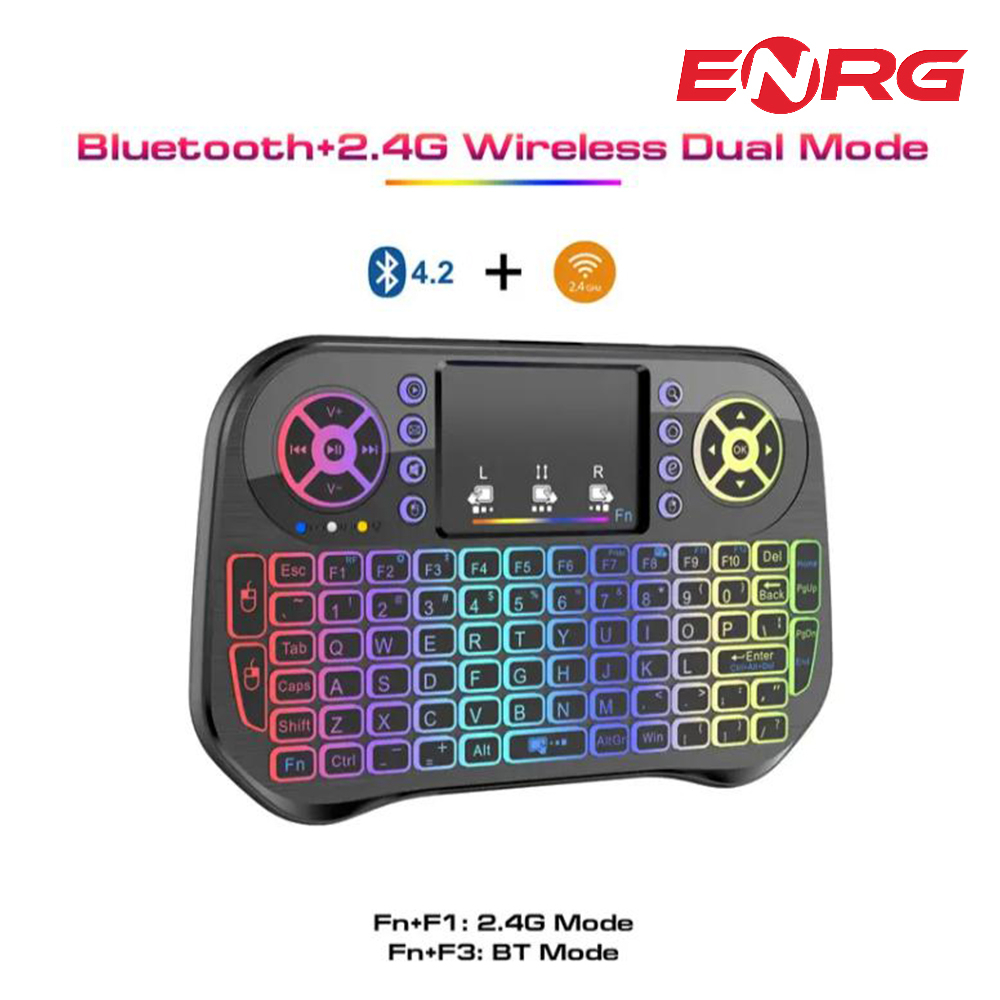 Energy - ENRG RGB Mini Wireless Keyboard + Bluetooth Dual Connection 2.4GHz Air Touchpad Mouse, Compatible With Android TV Box, Smart TV, PC Black