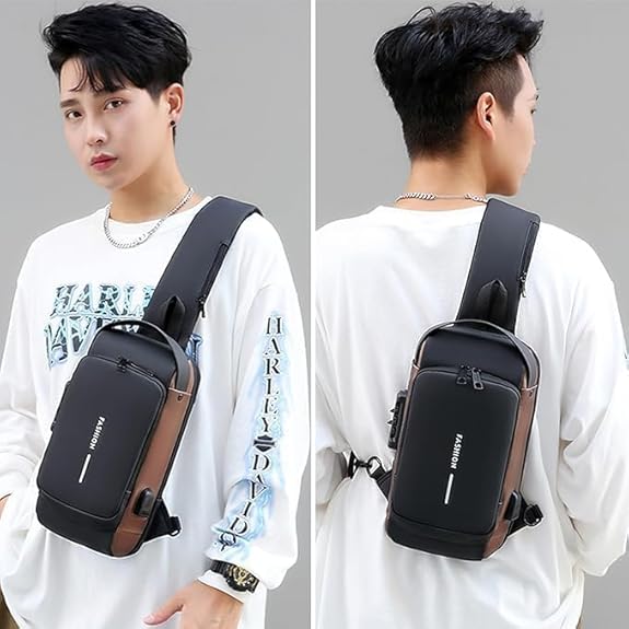 Cross Body Bag for Men – Anti Theft USB Crossbody Sling Chest Backpack, Waterproof Hard Shell Shoulder Bag with Password Lock & USB Charging Port, Multi Compartment Travel Bag for Office College Daily Use