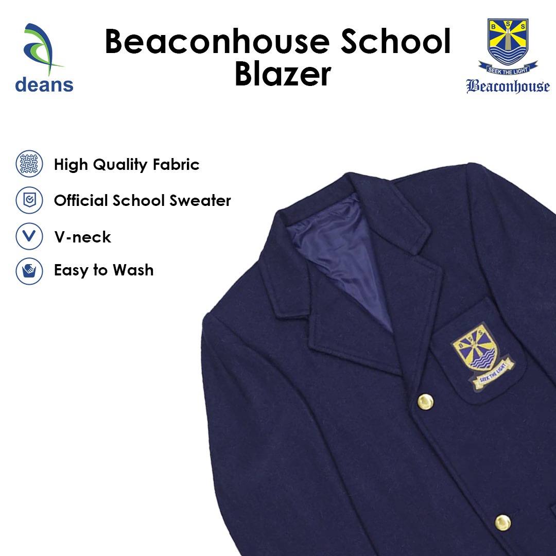 Beaconhouse School Blazer Navy Blue by Deans Uniforms - Navy Blue Blazer Jacket Slim Fit Casual ,Long Sleeve Blazer For Boys -Blazer for Schools