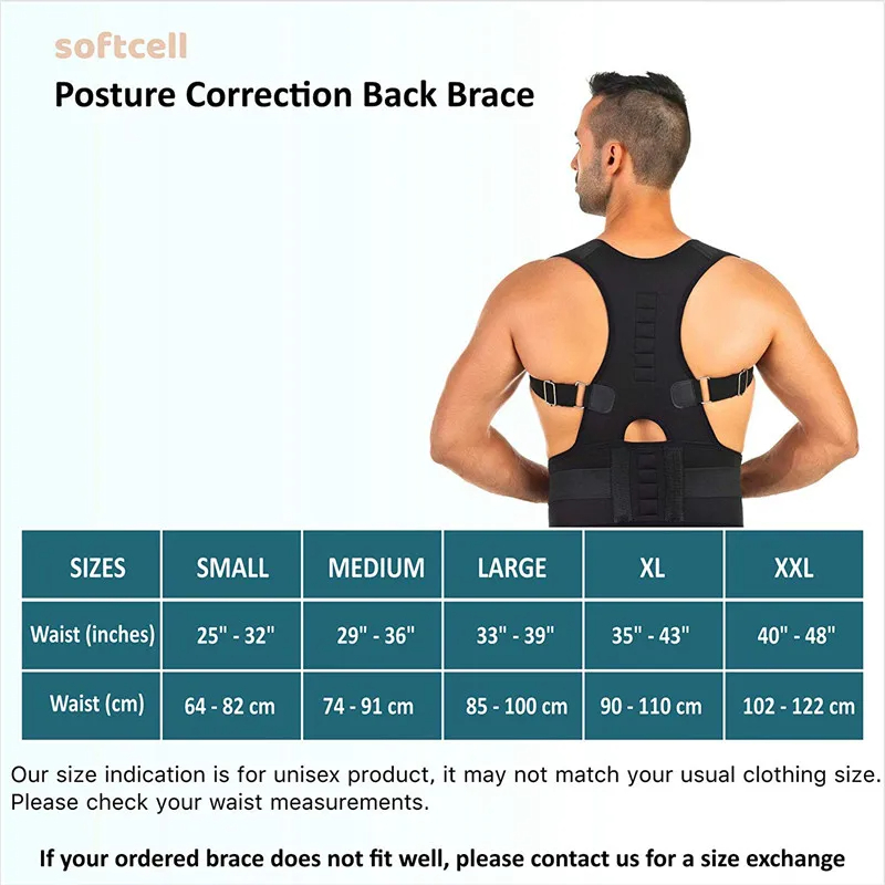 Back Brace Posture Corrector - Magnetic Support for Neck Shoulders and Lower Back Pain Relief - Adjustable Belt Black