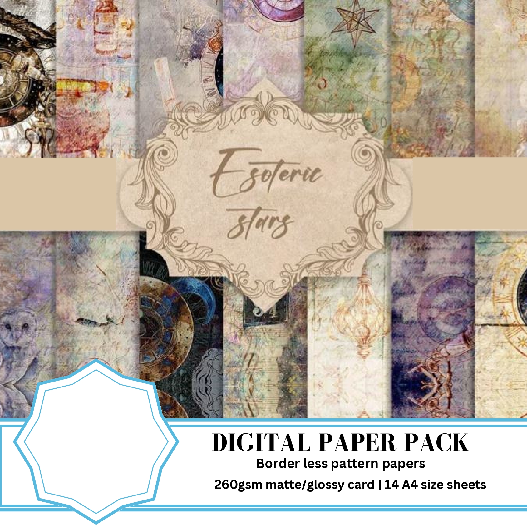 A4 designer paper pack Esoteric Stars 14 sheets 260gsm glossy