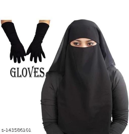 (SET OF 2) Premium Quality Three Layer Niqab and Naqab with Gloves for Ladies/Girls/Women Muslim Hijab Wear High Quality Abaya Accessories Formal Imported Fabric Naqab with Cotton Gloves Traditional Trending Daily Use Outdoor MY CHOICE