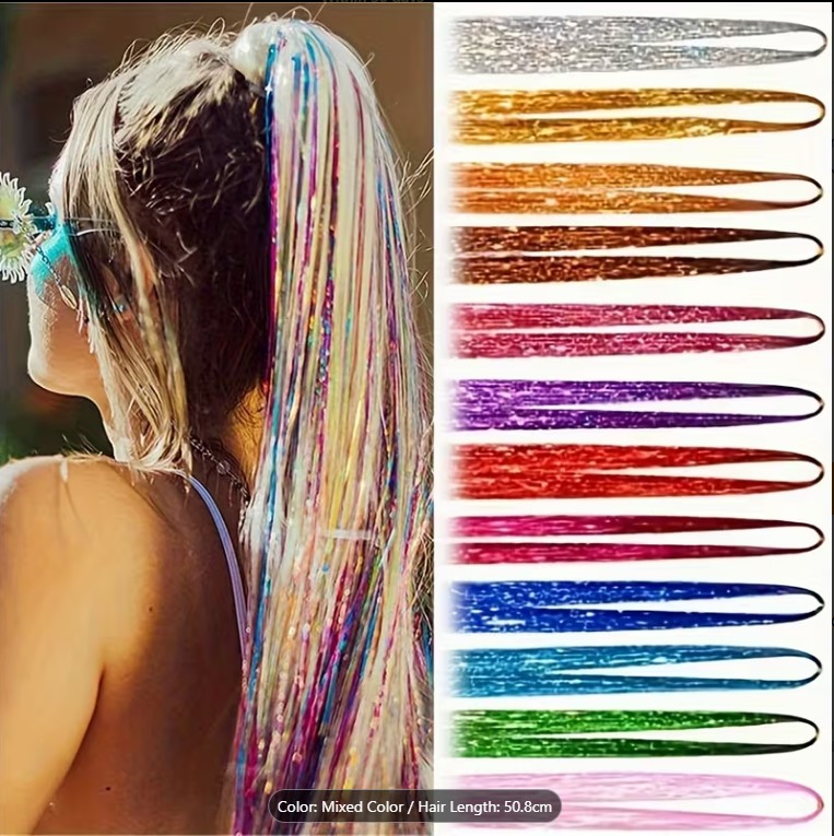 12 Colors Fairy Tinsel Hair Extensions – 2000 Strands Shiny Glitter Hair Highlights | Sparkling Festive Hairpiece for Parties,  Christmas & New Year**