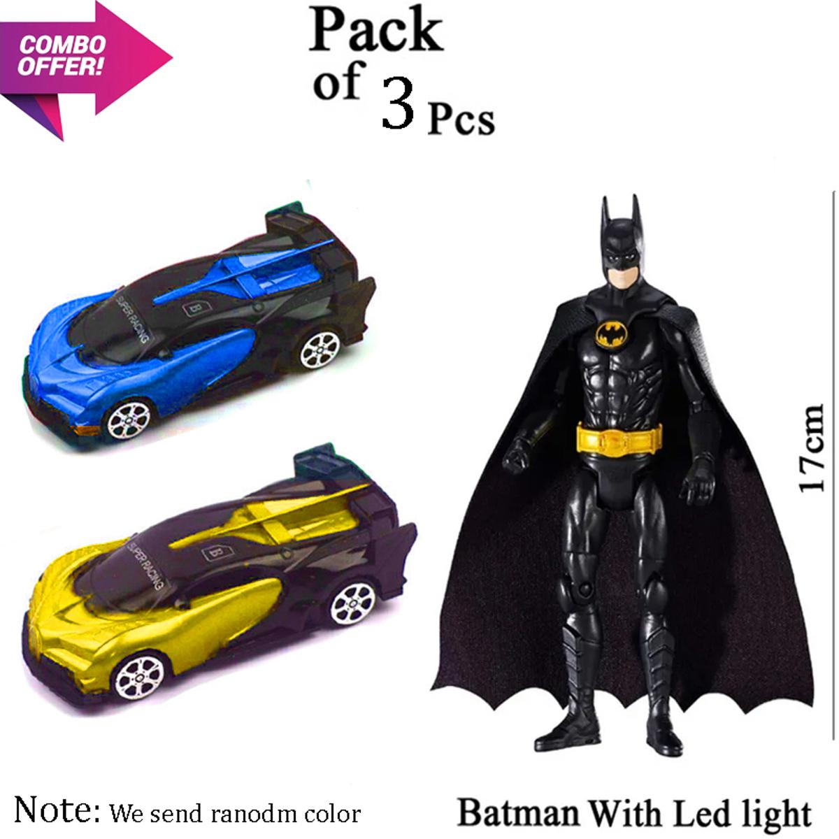 Pack Of 3 Pcs-Avengers Super Hero Move able Action Figures Batman With Led Light - Unbreakable Pull Back Racer Car Toy