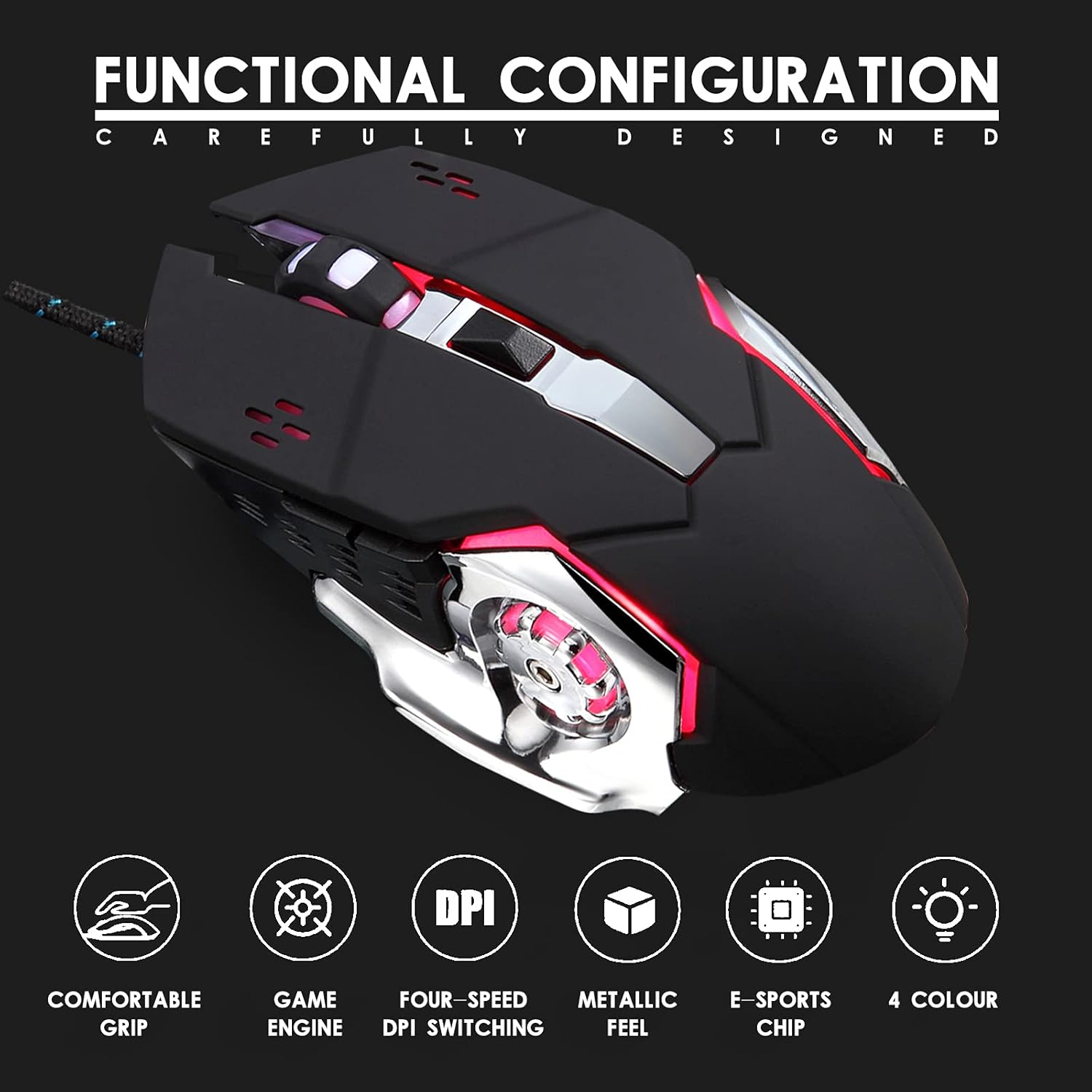 Wired Computer Gaming Mice, 6 Buttons for Desktop Laptop Mac PC Gaming Mouse, 4 Levels DPI 800-1600-2400-3200 with 4 Colors RGB Backlit, Ergonomic Design for Professional Gamers Use