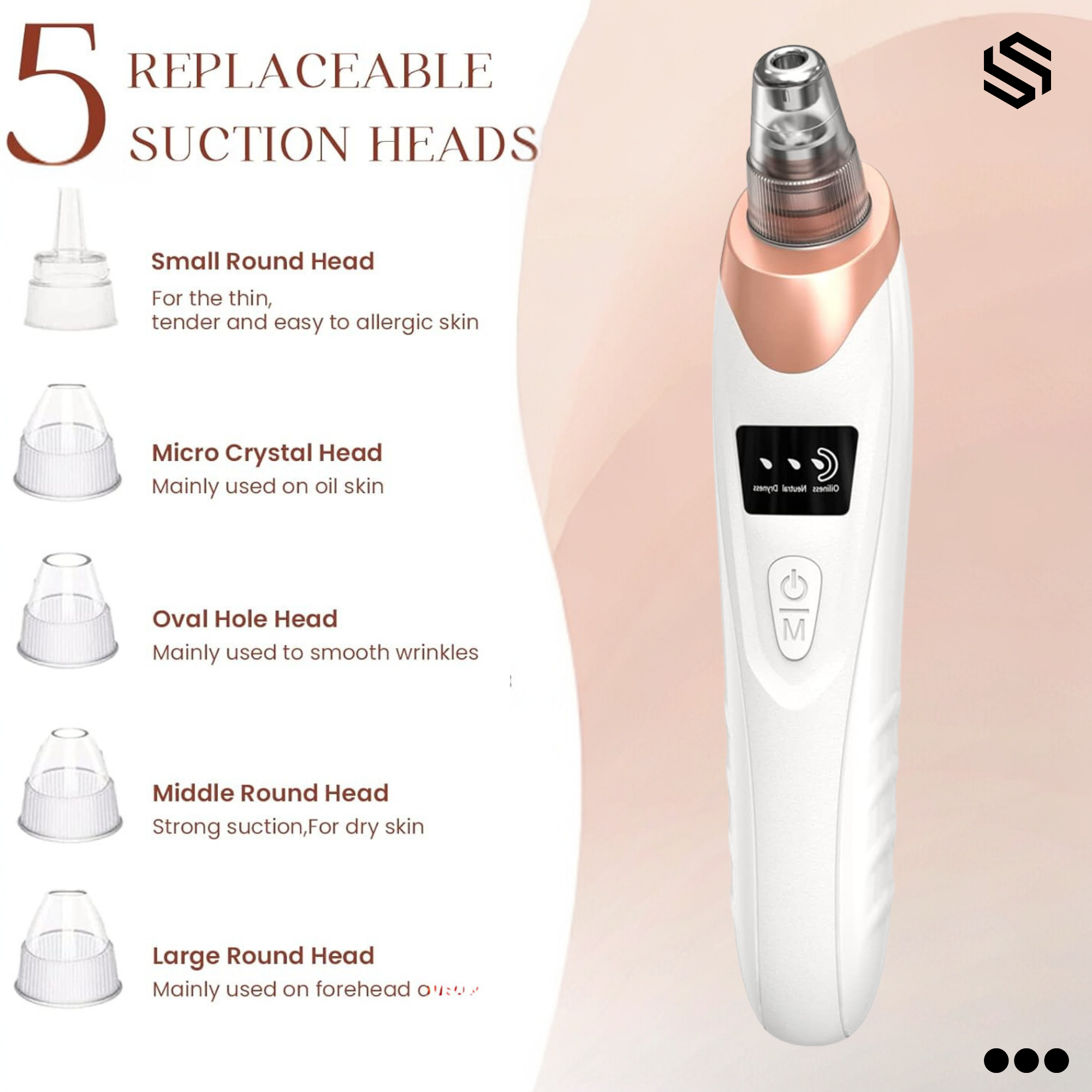 Blackhead Removal Machine Derma Suction 5 In 1 Black Head Remover Machine Acne Pimple Pore Cleaner Vacuum Tool Rechargeable Machine Oil Remover Multi-Functional Skin Care Tools Facial Beauty Device Whitehead Remover Deep face dust Cleaner