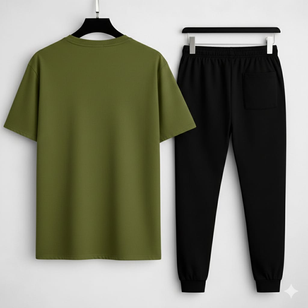 🚗 BMW 2PCS Summer Tracksuit for Boys & Teens | Olive Green T-Shirt + Black Trouser | Premium Casual Wear 🌿