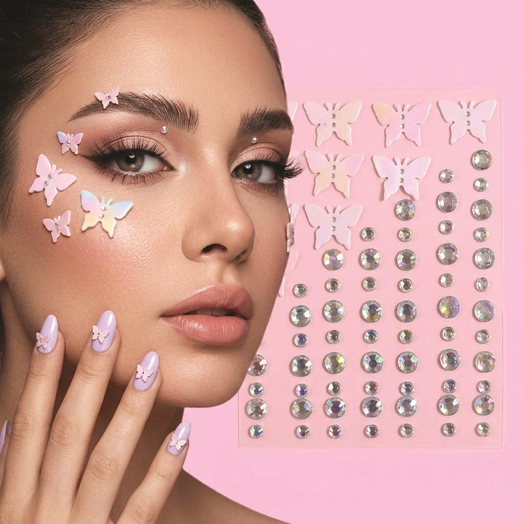 3D Butterfly & Rose Face Gem Stickers for Makeup – Self Adhesive Rhinestone Crystal Eye, Eyebrow & Eye Shadow Jewels | Glitter Face & Body Decoration | Nail Art, DIY Craft Gems Stickers | Party, Festival, Bridal Makeup Accessories for Girls & Women