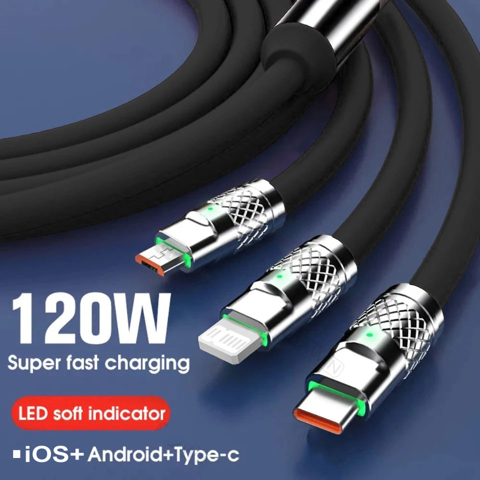 3 in 1 120W Type C Micro USB iOS Data Cable Fast Charging Liquid Silicon Universal for All Smartphones 1.2m