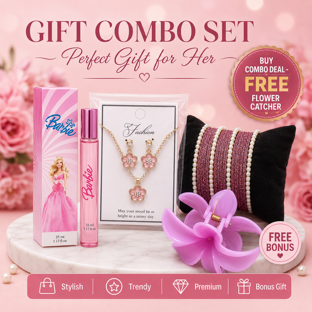 Perfect Gift Combo Set for Her – Bangles, Necklace & Earrings, Perfume & Flower Hair Catcher with Gift Box