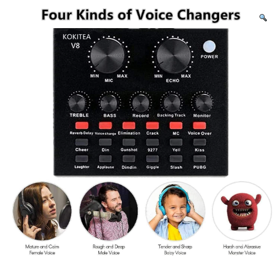Mini V8 Sound Card & V10 Sound Card Bluetooth Audio Mixer & Voice Changer - 12 Sound Effects Lithium Rechargeable Battery - For Live Streaming & Broadcasting & Podcast - Compatible With PC Computer  - Black