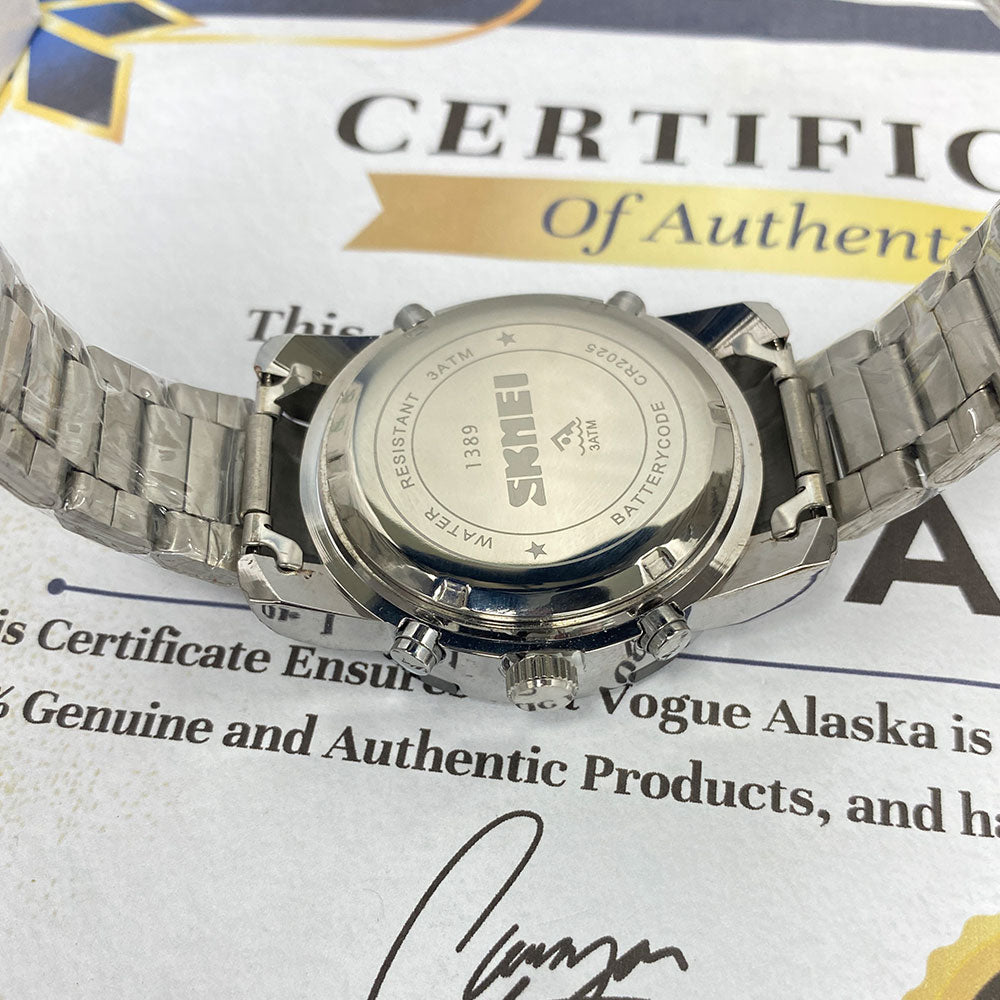 SMK 1389 Dual Time Analog and Digital Chain Watch for Men with Stainless Steel Case Date Day Alarm Stopwatch Luminous Hands LED Light and Waterproof Design