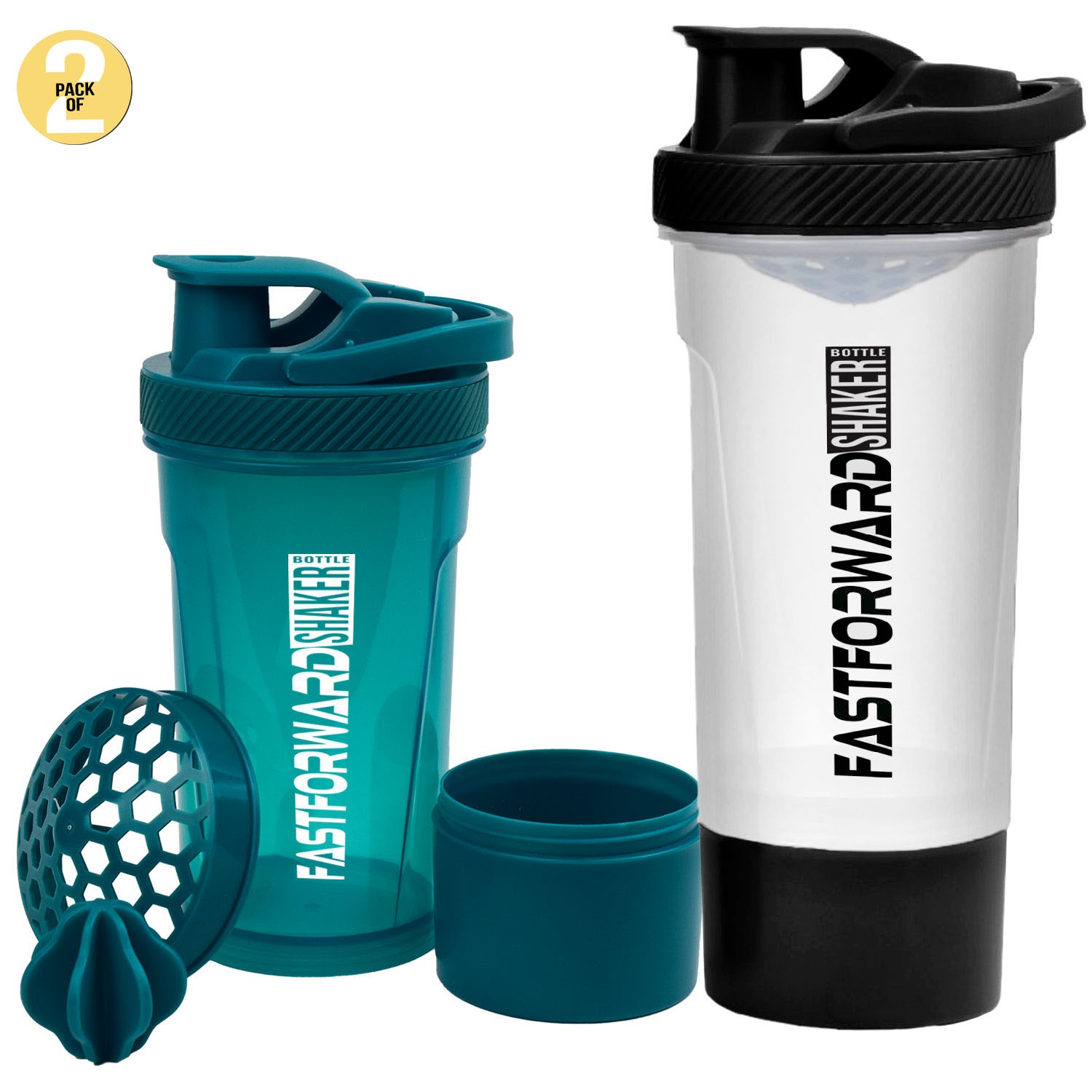 Fast Forward Shaker Bottle - 24 Ounce Protein Shaker Plastic Bottle for Pre & Post workout with Twist and Lock Protein Box Storage Pack of 2