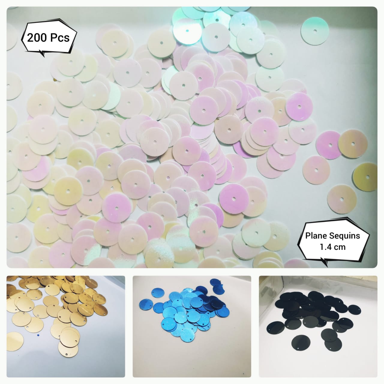 200 Pcs Plane Round Sitaray In Blue, Black, Gold And White Color , Loose Sequins Craft Supplies