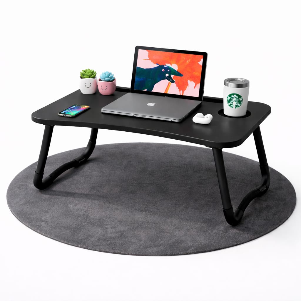 Wooden Gaming Laptop Table For Bed Foldable Stand Ergonomic Portable Drawing Notebook Reading Breakfast Serving With Inbuilt Tablet And Cup Hold Slots Couch Black Brown Beige. Floor Gaming Computer 0.75 Inches Thick Wood. High Quality Stand