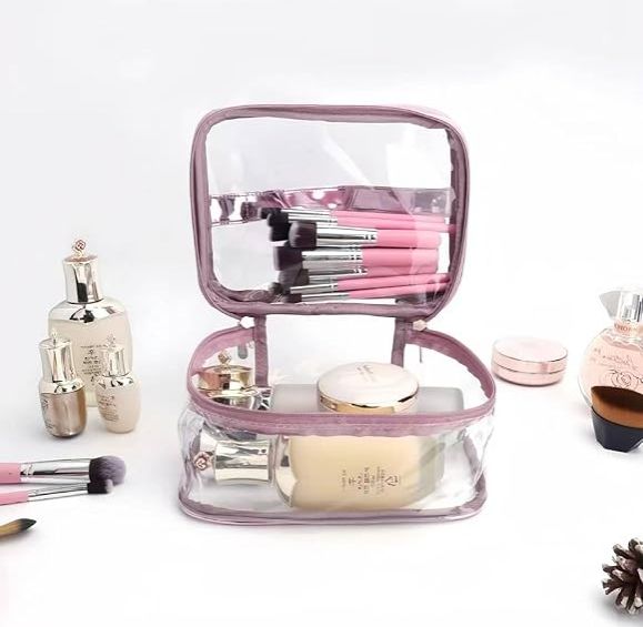 Clear Makeup Bags, Travel Cosmetic Zipper Pouch for Women, Transparent Makeup Organizer Storage Case for MakeUp Brushes, Travel Toiletry Bags for Girls with Portable Handle (Pink (Double Layer))