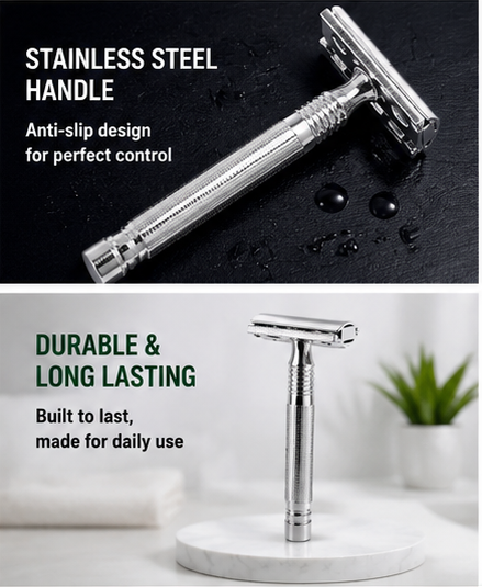Qiang Ren Double Edge Safety Razor for Men & Women, Stainless Steel Reusable Manual Shaving Razor with 1 Premium Double Edge Blade, Classic Wet Shave Grooming Tool, Durable Anti-Slip Handle, Smooth & Comfortable Daily Beard & Body Hair Removal