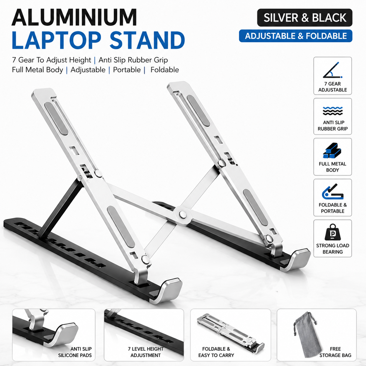 Laptop Cooling Stand Dual Single Fan Detachable Aluminium Adjustable 7 Gear Height Foldable Portable Anti Slip Rubber Grip Full Metal Body Ergonomic Notebook Riser Holder For Makbook Gaming PC Tablet Silver Black Office Home Desk Study Table Use