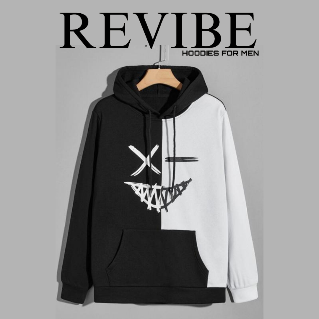 REVIBE - Black & White Trendy Printed Hoodies For Men