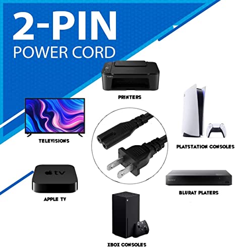 AC Power Cord - 2 PIN Power Cable FOR PC/Laptop, TVs, PS5/Pro/Slim, PS4 Slim/Pro, PS3, Xbox One S/X, Xbox Series S/X (Tape lead)