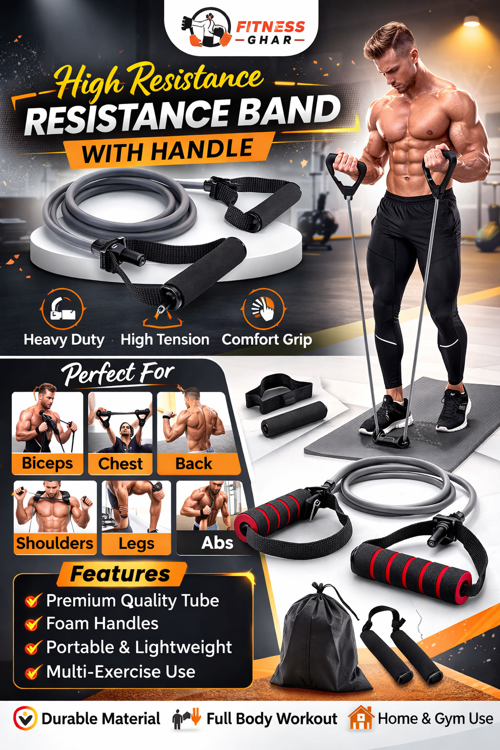 High Resistance Band with Handles – Fabric Elastic Pull Rope for Home Workout, Gym, Yoga & Strength Training for Male and Female, Made In Pakistan