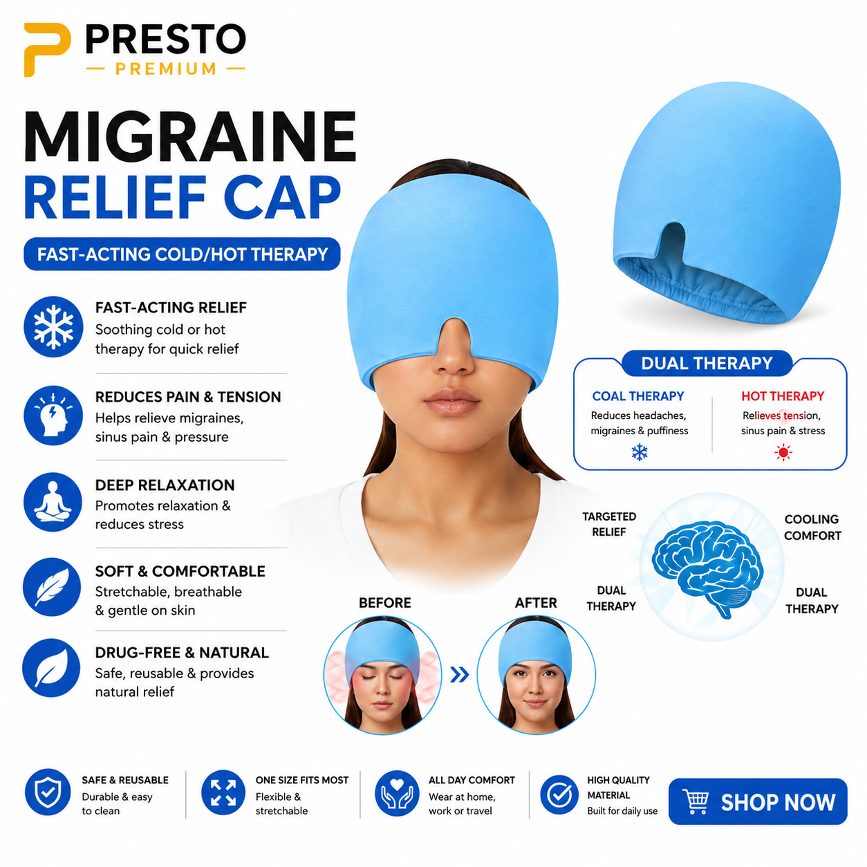 PRESTO Premium Migraine Relief Ice Cap – Reusable Hot & Cold Therapy Headache Relief Hat for Men & Women | Cooling Gel Head Wrap for Migraine, Stress, Sinus Pain & Relaxation