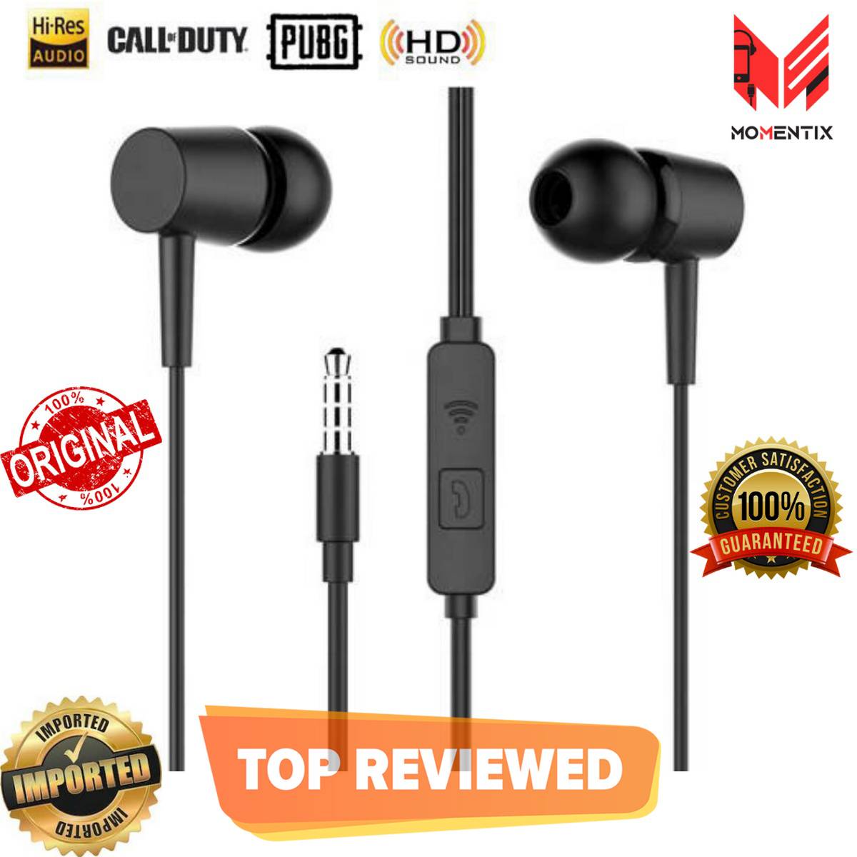 MOMENTIX High Quality Stereo Earphones, Noise Isolating Handsfree Deep Bass Hand Free Hands free with Microphone and 3.5mm In Ear Earbuds Headphones Plug for Android Samsung iPhone Xiaomi Oppo Huawei Infinix Motorola Sony Mobiles Devices - Black price in Pakistan