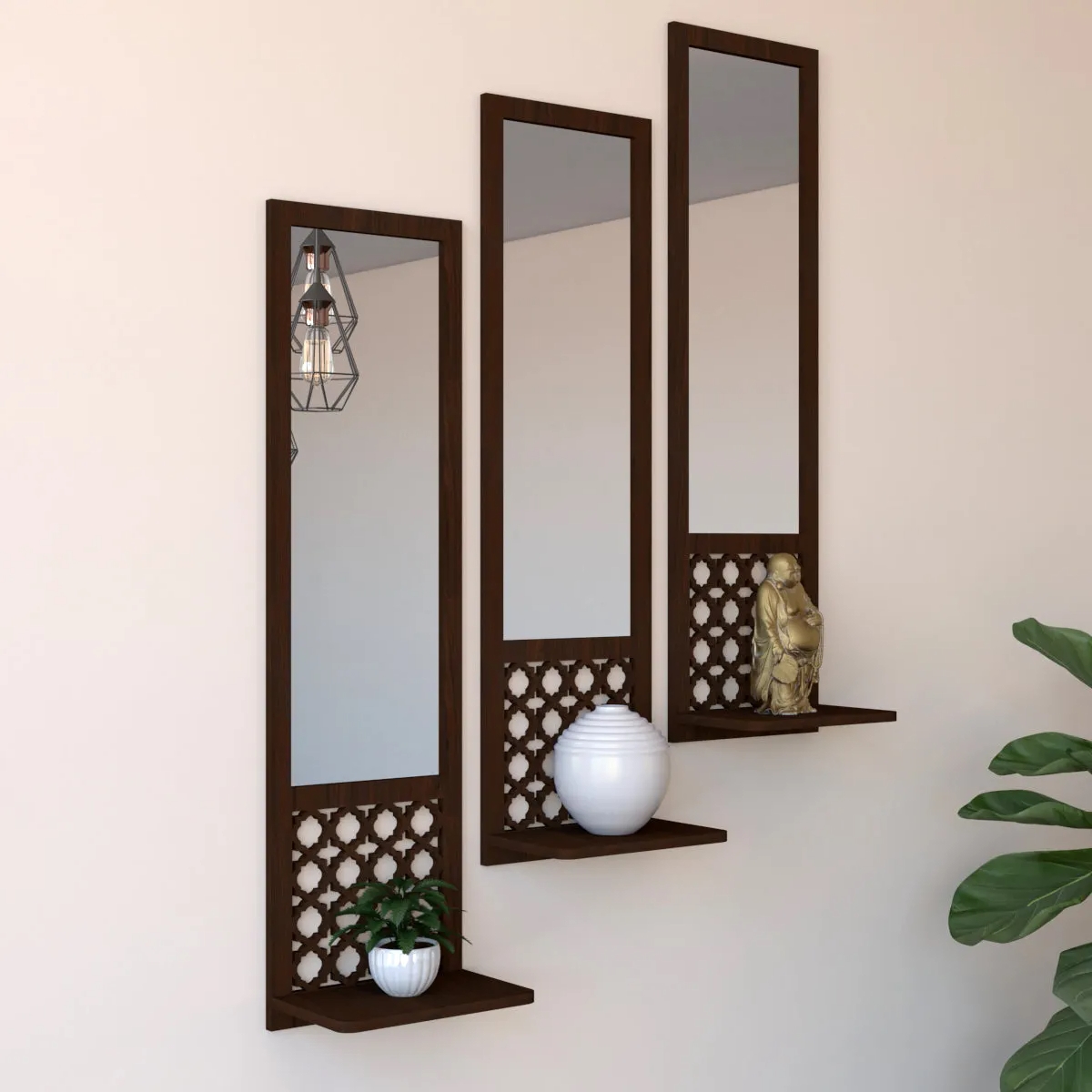 Mirror Shelf Wooden Pot Holder Home Office Wall Decor In Brown 1/3 Pcs Wooden Wall Mounted Pot Holder With acrylic Mirror