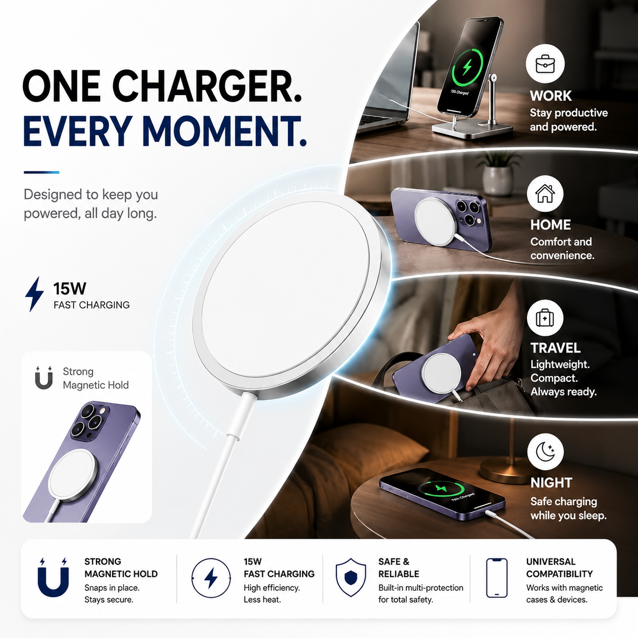 Magnetic Wireless Fast Charger USB-C | Strong Magnetic Alignment | Fast Charging Pad | Overheat Protection | Universal Magnetic Charging Cable
