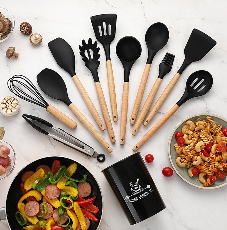 Dazzin 12 Pcs Silicone Cooking Utensils Set Wooden Handles