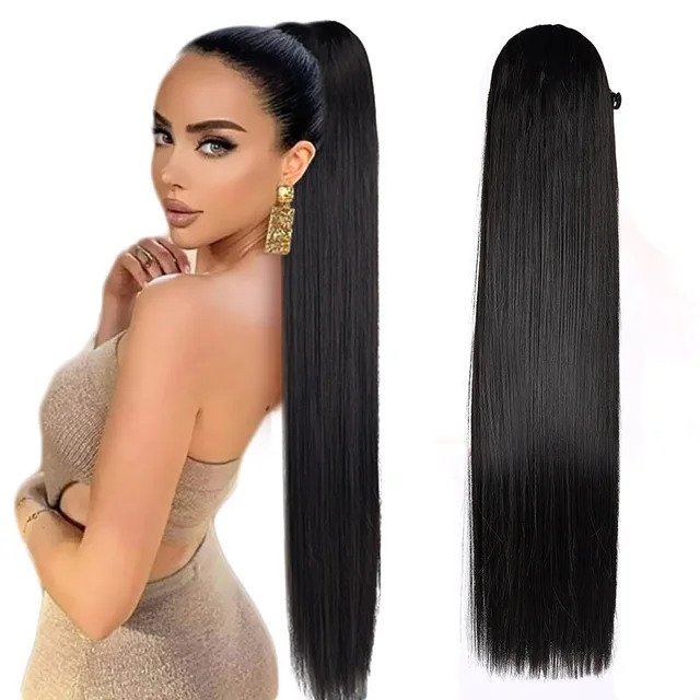 Long Straight Ponytail Synthetic catcher jawclip Pony Hair Extension For Women Natural Looking-Natural Color