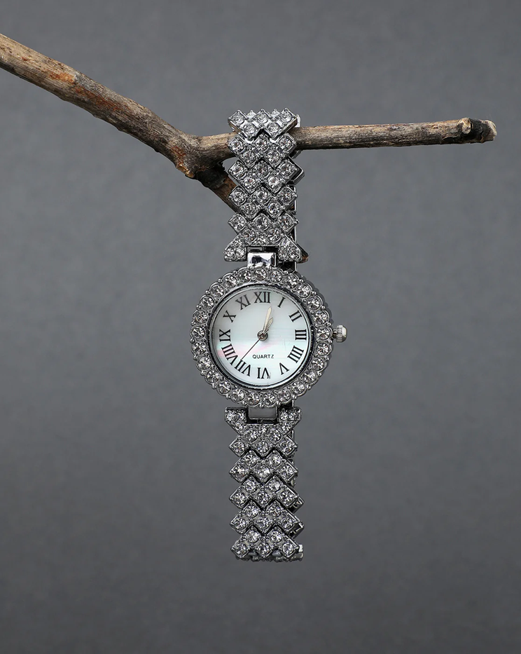 Luxury Rhinestone Women’s Watch Set – Round Dial with Stainless Steel Crystal Chain Strap & Bracelet (2 PCS Gift Set)