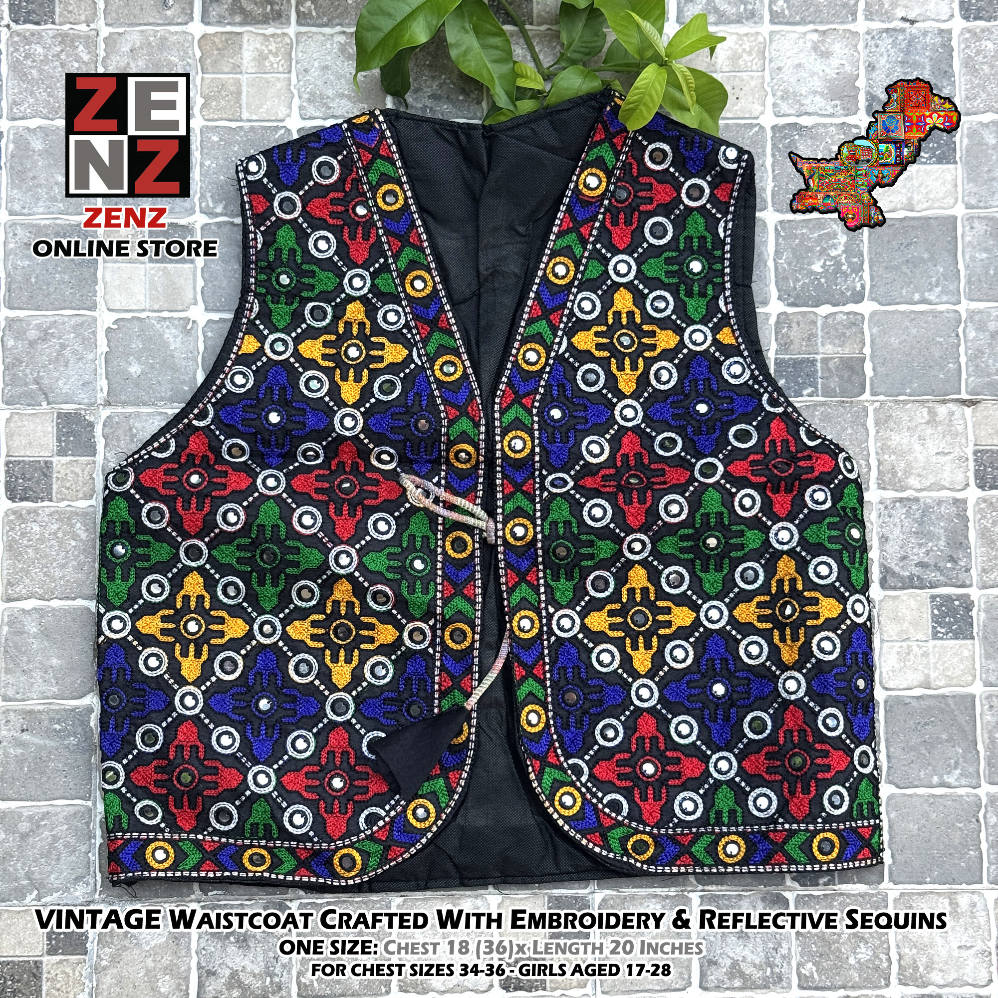 Pakistani Sindhi Balochi Kashmiri Traditional & Cultural Wear Waistcoat Koti Embroidered Zenz Multicoloured Embroidery for Girls & Women