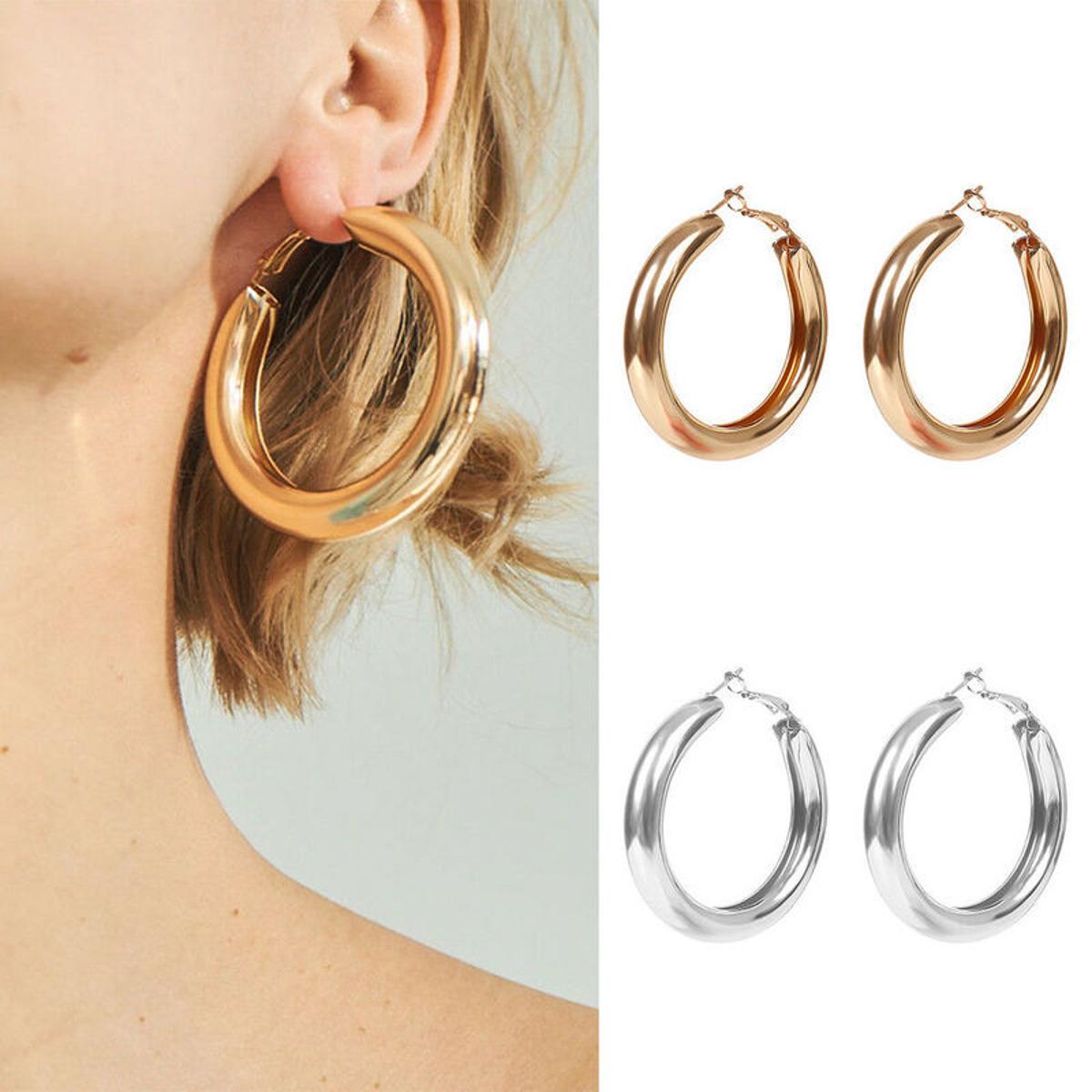 Big Round Smooth Hoop Earrings -Women Fashion Statement Thick Gold
