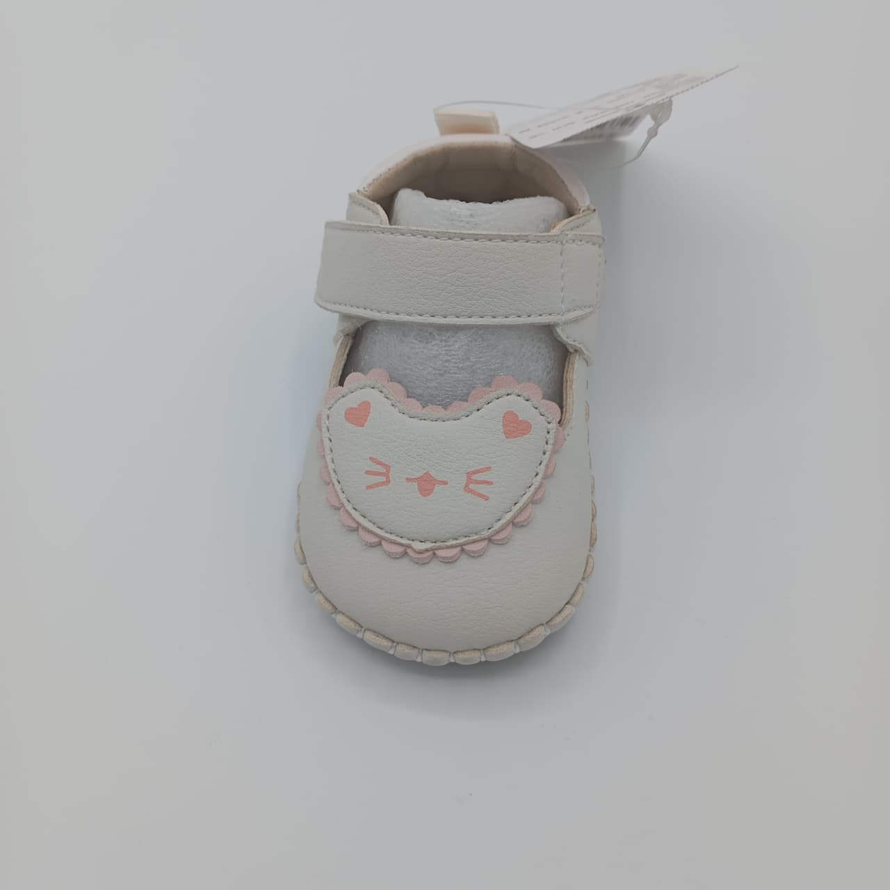 Newborn/Infant Soft Sole Shoes | Baby Girl Pre-Walker Flats with Cute Cat Face Embroidery & Velcro Strap (Cream/White)