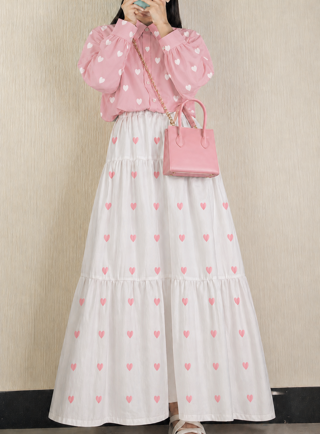 🌸 Korean Style Heart Print Co-Ord Set – Pink Shirt & White Maxi Skirt Summer Wear